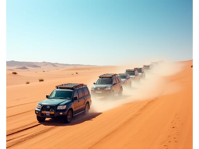 Un convoi de plusieurs 4x4 Désert Roule traversant un désert ouvert.