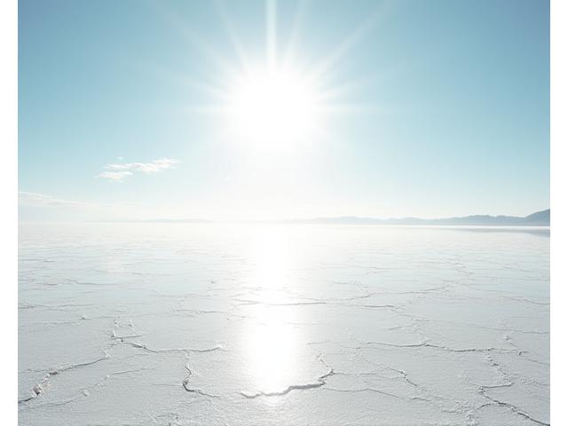 Vaste étendue de sel blanc et craquelé créant un mirage sous un soleil ardent.